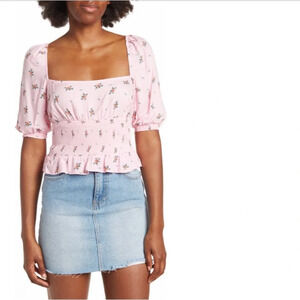 New Pink Floral AFRM  Haley  crop top Medium Stretchy Puff Sleeve Summer Spring